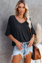 Purple Exposed Seam Half Sleeve Knitted V Neck Textured Top