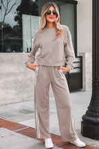 Gray Morn Varsity Striped Detail Crewneck Pullover Elastic Sweatpants 2pcs Outfit