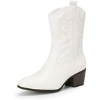 Dream Pairs Womens 8 White Faux Leather Mid Calf Cowgirl 2.5" Heel Boot Shoes