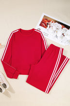 Oatmeal Varsity Striped Detail Cropped Pullover Wide Leg Pants 2pcs Outfit