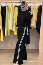 Oatmeal Varsity Striped Detail Cropped Pullover Wide Leg Pants 2pcs Outfit