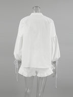Tie Neck Balloon Sleeve Blouse and Shorts Set
