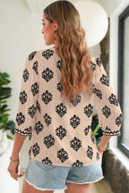 Green Damask Floral Print Contrast V Neck 3/4 Sleeve Blouse