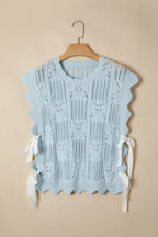 Mint Green Pointelle Knit Patterned Scalloped Trim Short Sleeve Sweater