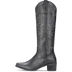 New IUV Womens 10 Black Faux Leather 2.25" Heel Knee High Cowboy Boots w Flaw