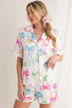 White Bowknot Print Buttoned Shirt and Shorts Pajama Set
