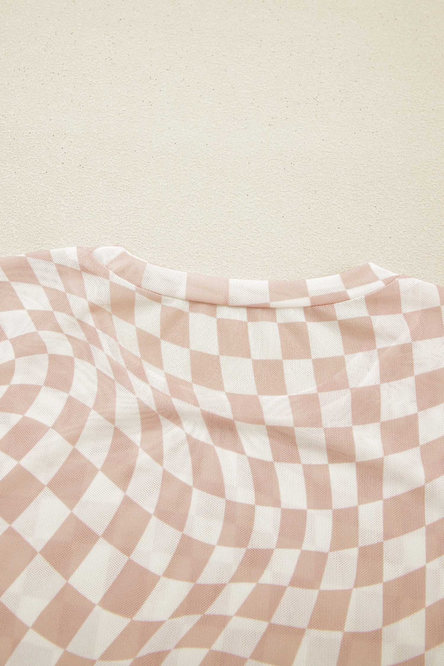 Khaki Checkered Print Mock Neck Mesh T Shirt