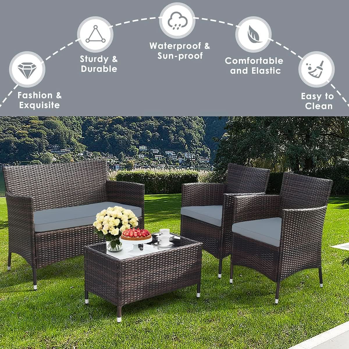 Elegant Four-Piece Rattan Patio Set with Soft Cushions
