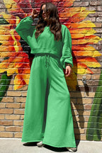 Yellow Cream Drop Shoulder Crop Pullover Drawstring Wide Leg Pants Set