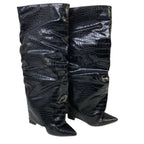 Womens Size 6 Black 4" Heel Knee High Boot Faux Leather Pointed Toe Slouch Shoes