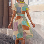 Boho Floral Midi Dress for Women – V-Neck Short Sleeve Summer Casual Dress