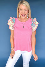Bonbon Striped Ruffle Flutter Sleeve Ribbed Blouse