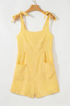 Yellow Stripe Tie Strap Smocked Back Wide Leg Romper