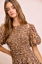 BiBi Leopard Bow Tie Attachable Puff Sleeves Dress