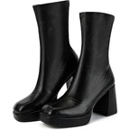 Putu Womens Size 7.5 Black Faux Leather 3.75" Platform Block Heel Pull On Boots