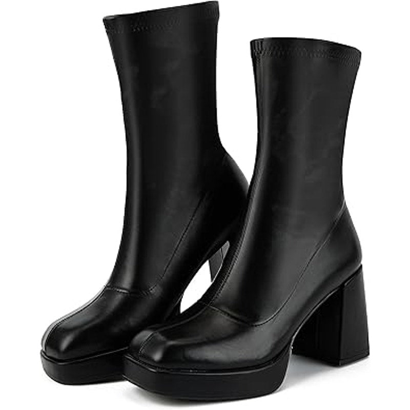 Putu Womens Size 7.5 Black Faux Leather 3.75" Platform Block Heel Pull On Boots