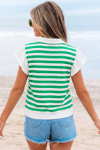 Pink Stripe Collar V Neck Ruffled Short Sleeve Blouse