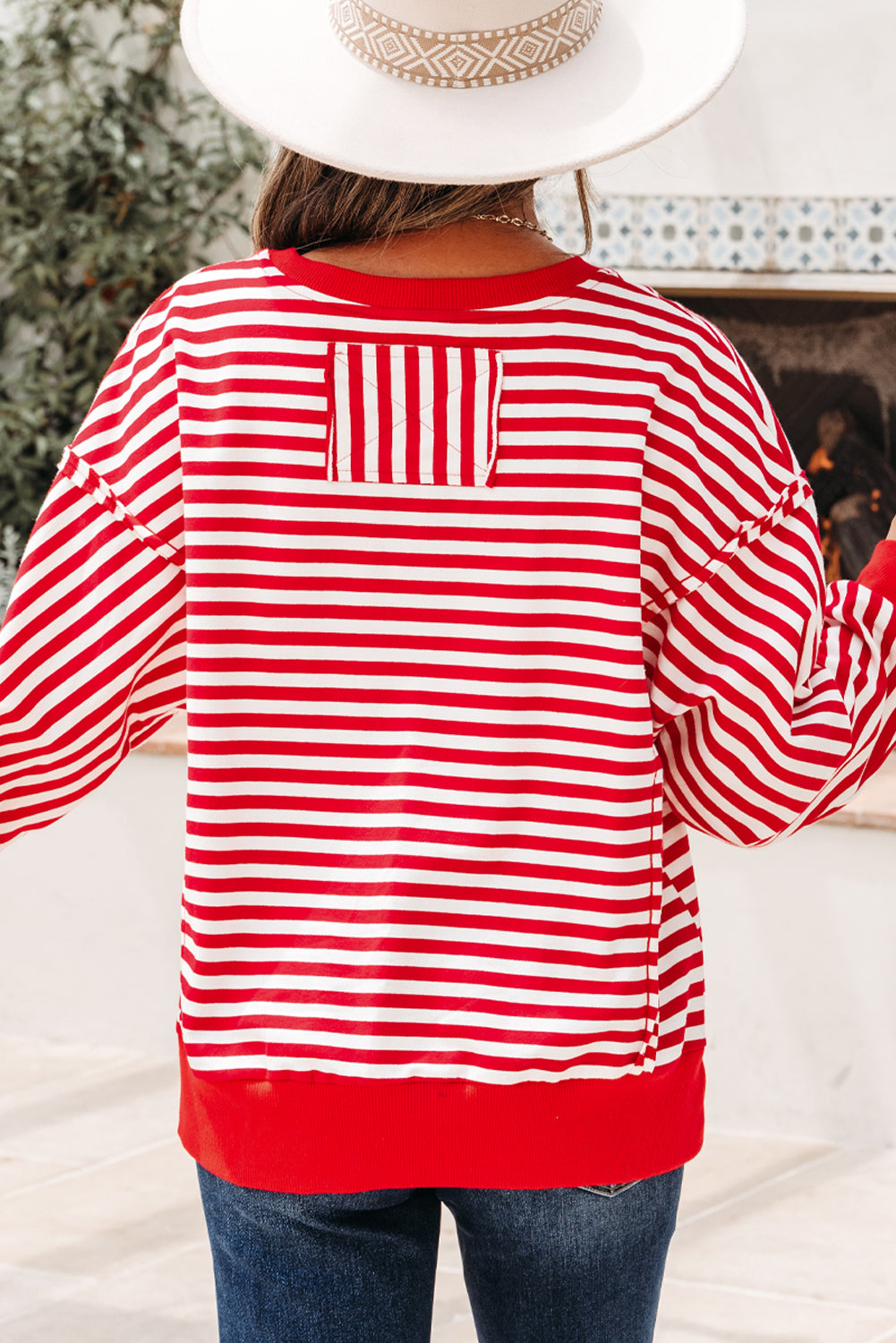 Orange Stripe Exposed Seam Drop Shoulder Casual Pullover Top