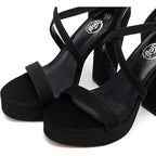 Trary Women Size 7.5 Black Faux Suede 4.5" Block Heel Open Toe Ankle Strap Shoes