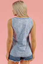 Beau Blue Mineral Wash Denim Frayed U Neck Sleeveless Top