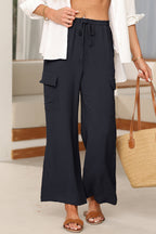 Black Drawstring Frilled Waist Wide Leg Utility Trousers