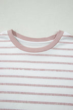 Khaki Stripe Color Block Trim Round Neck Short Sleeve Top