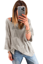 Navy Blue Hollow Out Knit 3/4 Sleeve Loose Sweater