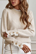 Racing Red Lace Trim Patchwork Buttoned Cuffs Loose Sweater