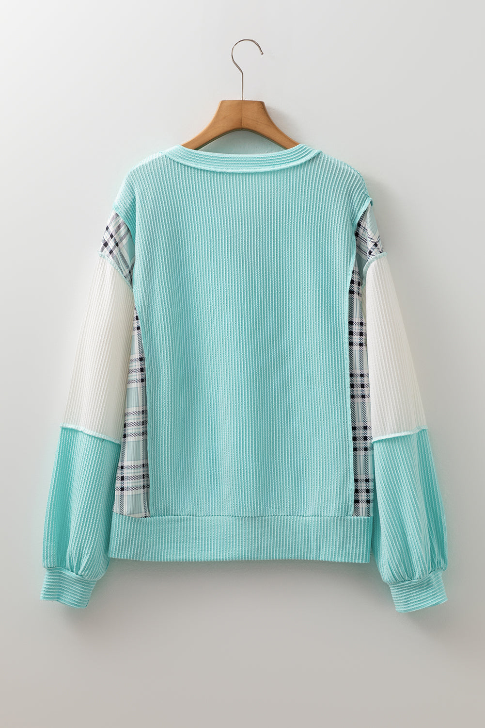 Rose Red Corded Texture Plaid Patchwork Split Neck Long Sleeve Top