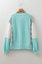 Rose Red Corded Texture Plaid Patchwork Split Neck Long Sleeve Top