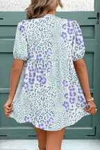 Sky Blue Leopard Bow Front Puff Sleeve Mini Dress