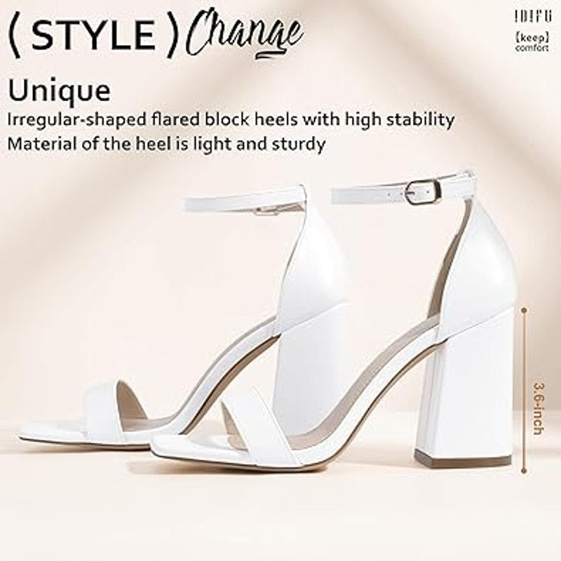 Idifu Womens Size 9 White Faux Leather 4" Block Heel Open Toe Ankle Strap Shoes