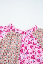 Pink Boho Mixed Floral Patchwork Drop Shoulder Bubble Sleeve Blouse