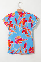 Sky Blue Floral Print V Neck Pompom Trim Flutter Sleeve Blouse
