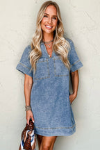 Blue Short Sleeve Collared Chest Pocket Denim Mini Dress