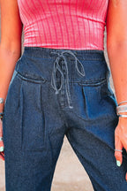 Sail Blue Checkered Side Panel Patchwork Drawstring Loose Denim Pants