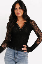 Black Sheer Lace Long Sleeve Slim Henley Top