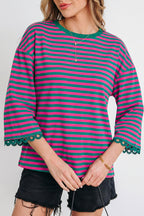 Sachet Pink Striped Print Drop Shoulder Lace Trim Bracelet Sleeve Loose Top