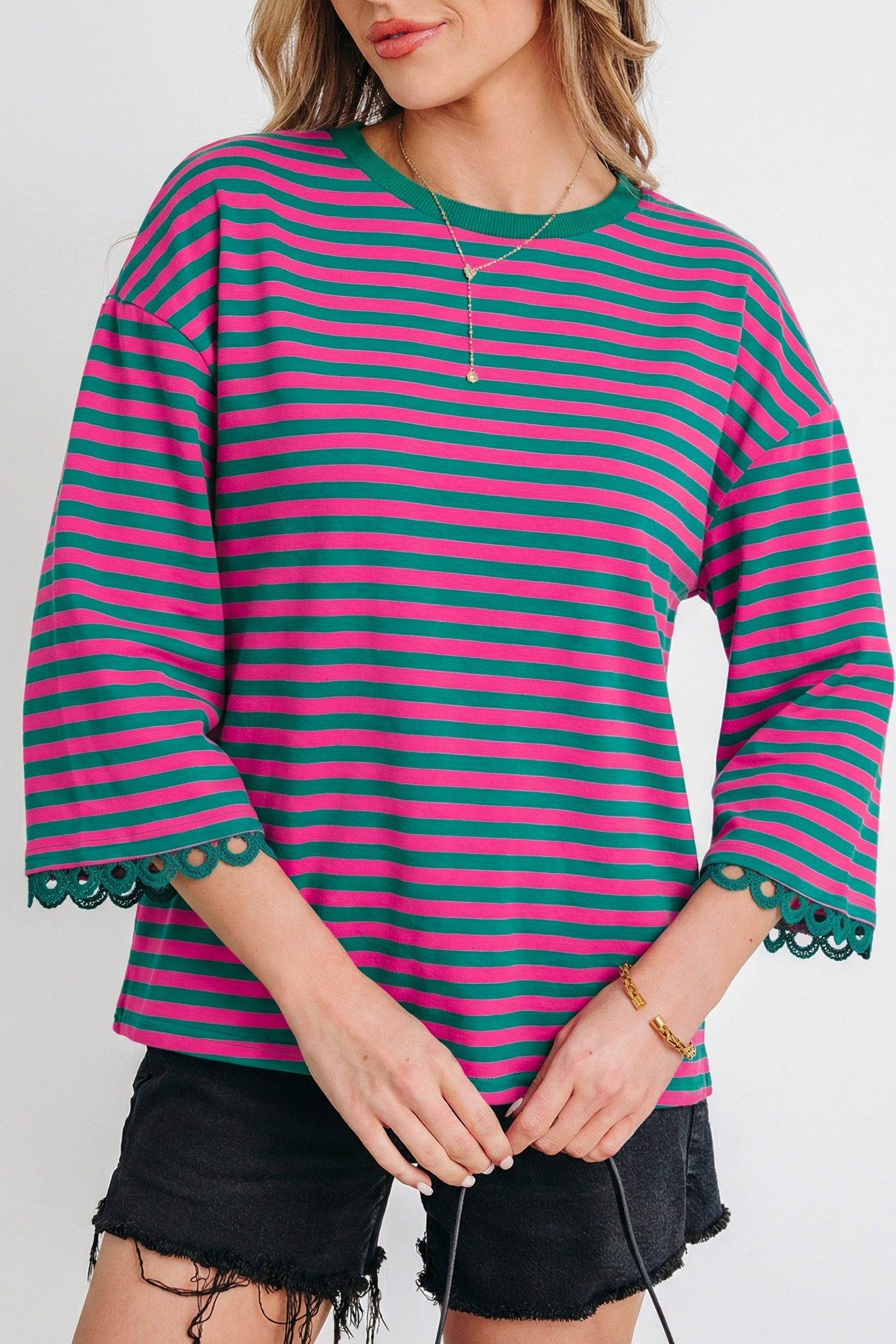 Sachet Pink Striped Print Drop Shoulder Lace Trim Bracelet Sleeve Loose Top