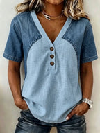 Women's Loose Denim Patchwork Color-Block T-Shirt