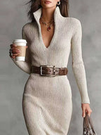Elegant Ribbed Knit Turtleneck Midi Sweater Dress