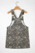 Gray Leopard Print Pocketed Loose Fit Denim Overall Dress