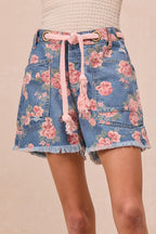 BiBi Braided Waist Belt Patch Pockets Floral Print Denim Shorts