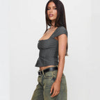 Women's Retro Square-neck Short-sleeve Top With Double Zippers