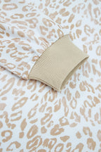Khaki Ribbed Trim Ruffle Detail Leopard Round Neck Sweatshirt
