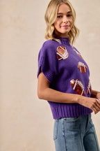 BiBi Gameday Sequin Football Patches Rib Banded Sweater
