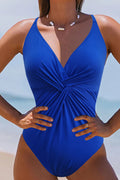 Dark Blue Twist Ruched Crisscross V Neck One Piece Swimsuit