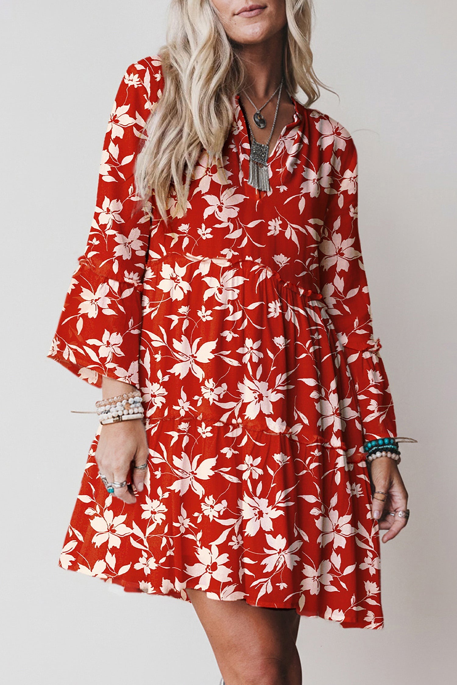 Blue Boho Floral Print Lettuce Trim 3/4 Sleeve Mini Dress