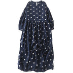 Artistic Retro Blue Polka-Dot Dress Crew-Neck Long-Sleeve French-Elegance Cotton-Linen Jumper Dress