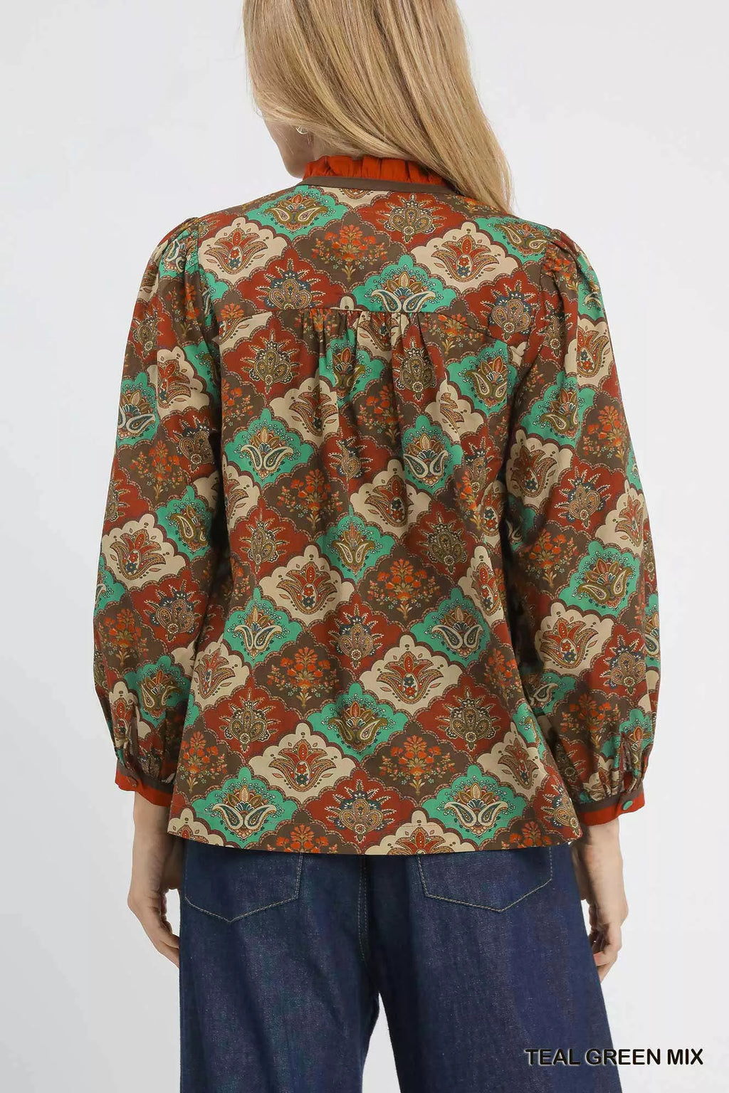 Umgee Abstract Print Ruffle Neck Top